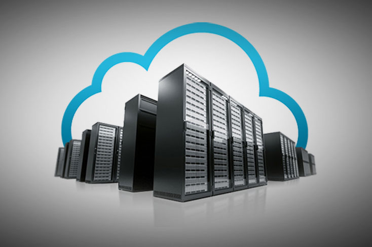 Computer server storage units and cloud in background. 3d illustration