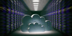 Data center - computer room and cloud. 3d illustration