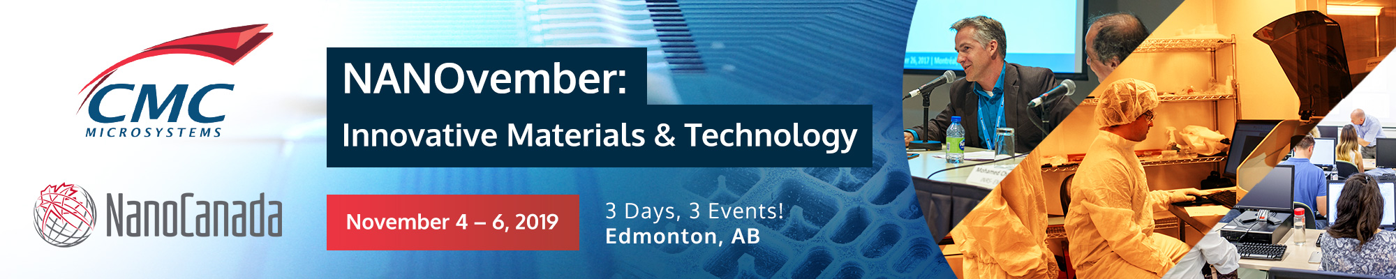 NANOvember Event Banner: November 4-6 in Edmonton, AB. 3 Days, 3 Events!