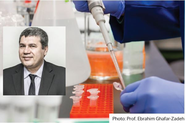 Photo of samples being worked on in a lab, superimposed headshot of Prof. Ghafar-Zadeh.