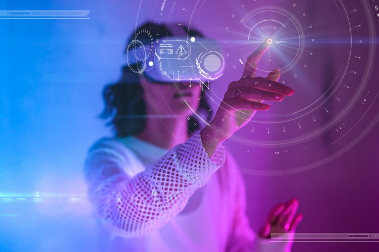 Woman's finger touching hologram of circles on digital virtual screen in neon pink and blue space