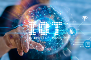 Internet of thing develop smart solution to people life. Businessman point at virtual IOT network connecting service with graphical icons in science, business marketing, innovation technology industry stock photo